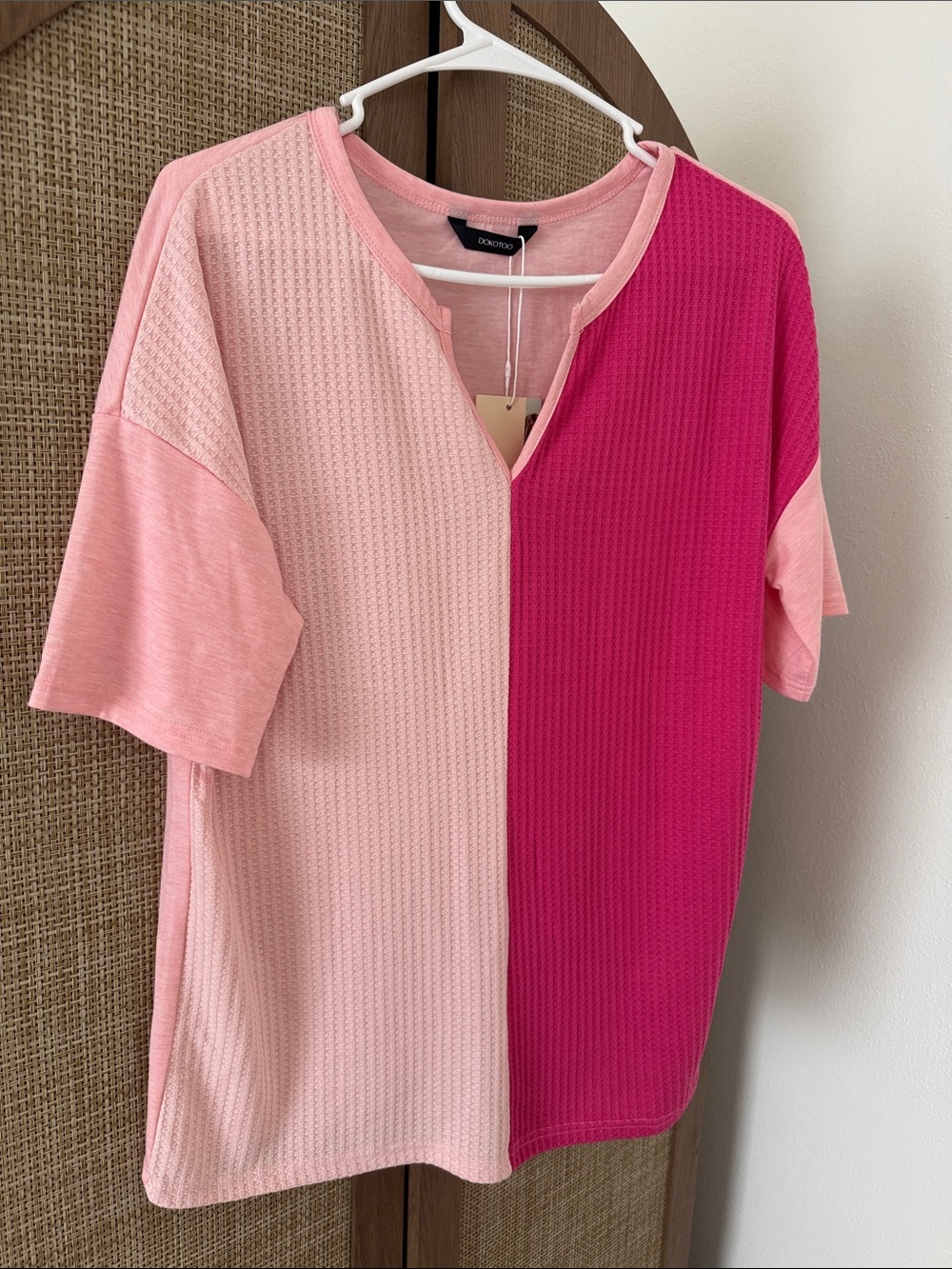 Dokotoo Pink Colorblock Waffle Knit Split Neck Relaxed Fit Top Size S NWT